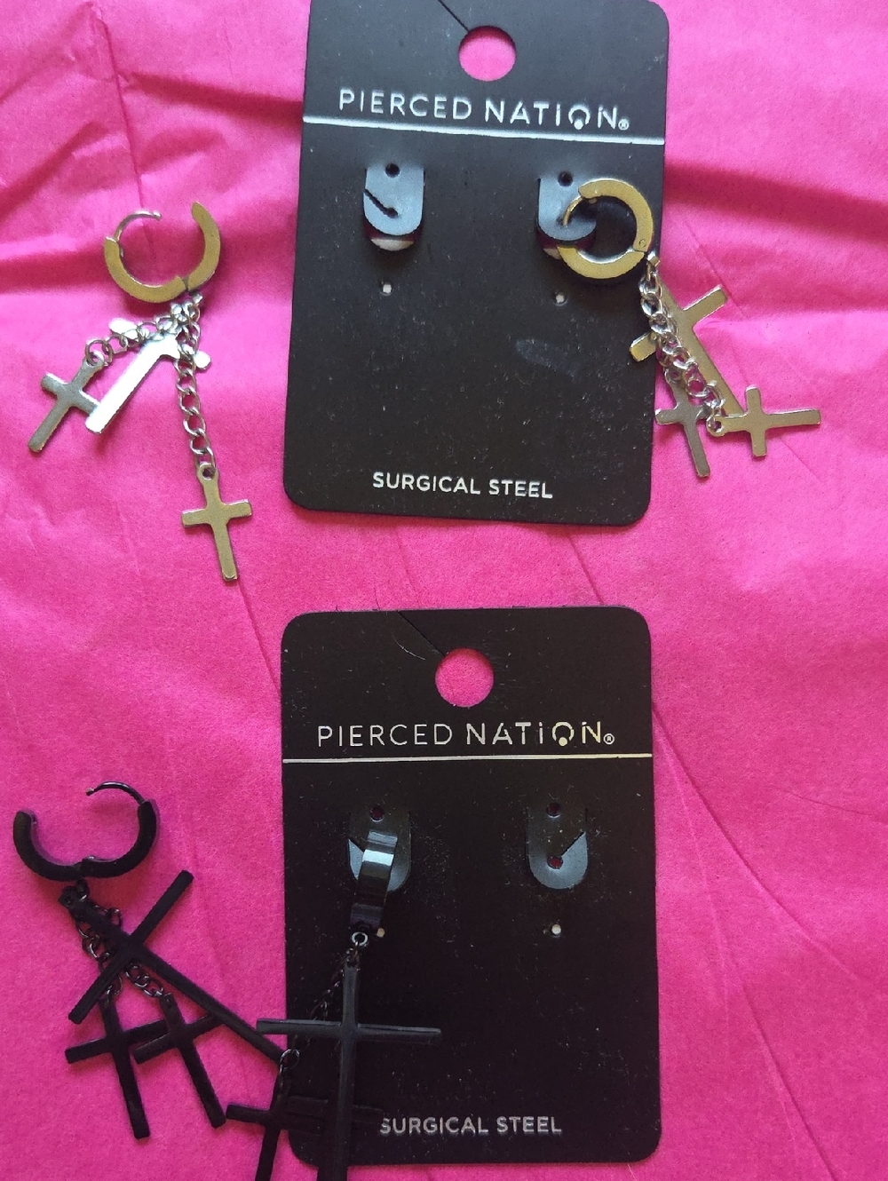 2 Pair Pierced Nation Cross Dangle Huggie Earrings - Silver & Black